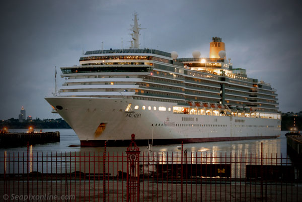 ARCADIA (2005/83781grt/IMO 9226906) berthing soon after dawn at Auckland's Queen Wharf at the beginning of her maiden call on 17 February 2010. Queens Wharf is currently, and has been for some considerable number of months, the subject of NZ Govt/Auckland City Council/Auckland Regional Council discussions to develop a dedicated cruise ship terminal and 